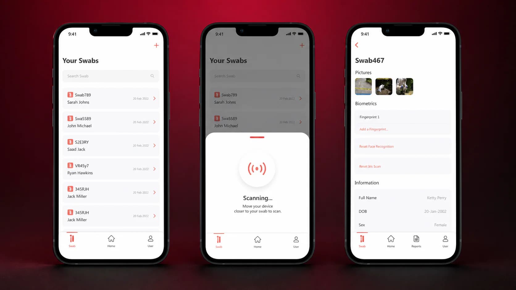 AbsoluteID swab directory, contactless scanning, and biometric identity record screens