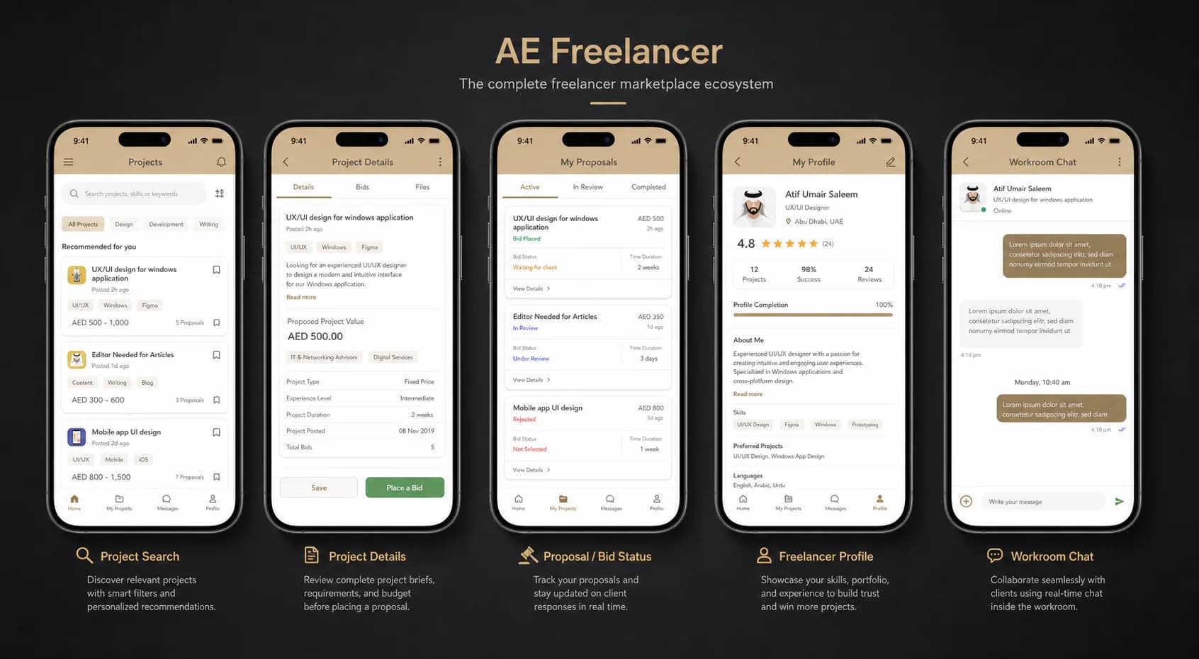 AE Freelancer marketplace project search, proposal, profile, and workroom screens