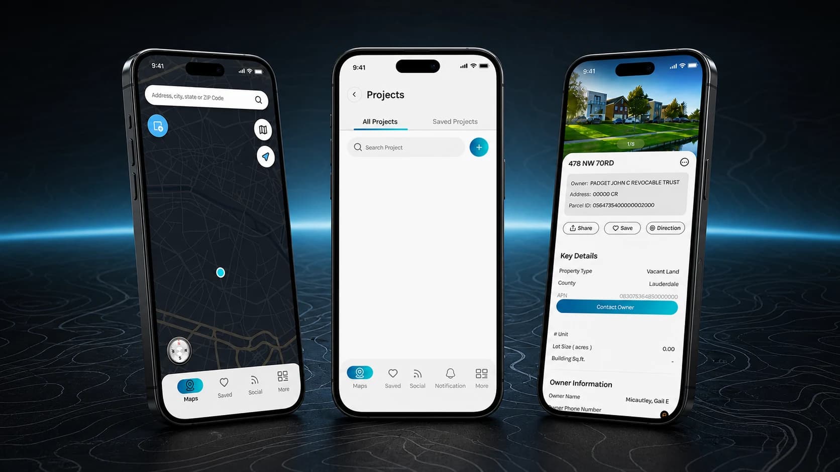 Aerial parcel intelligence app showing map search, projects, and property records across three mobile devices