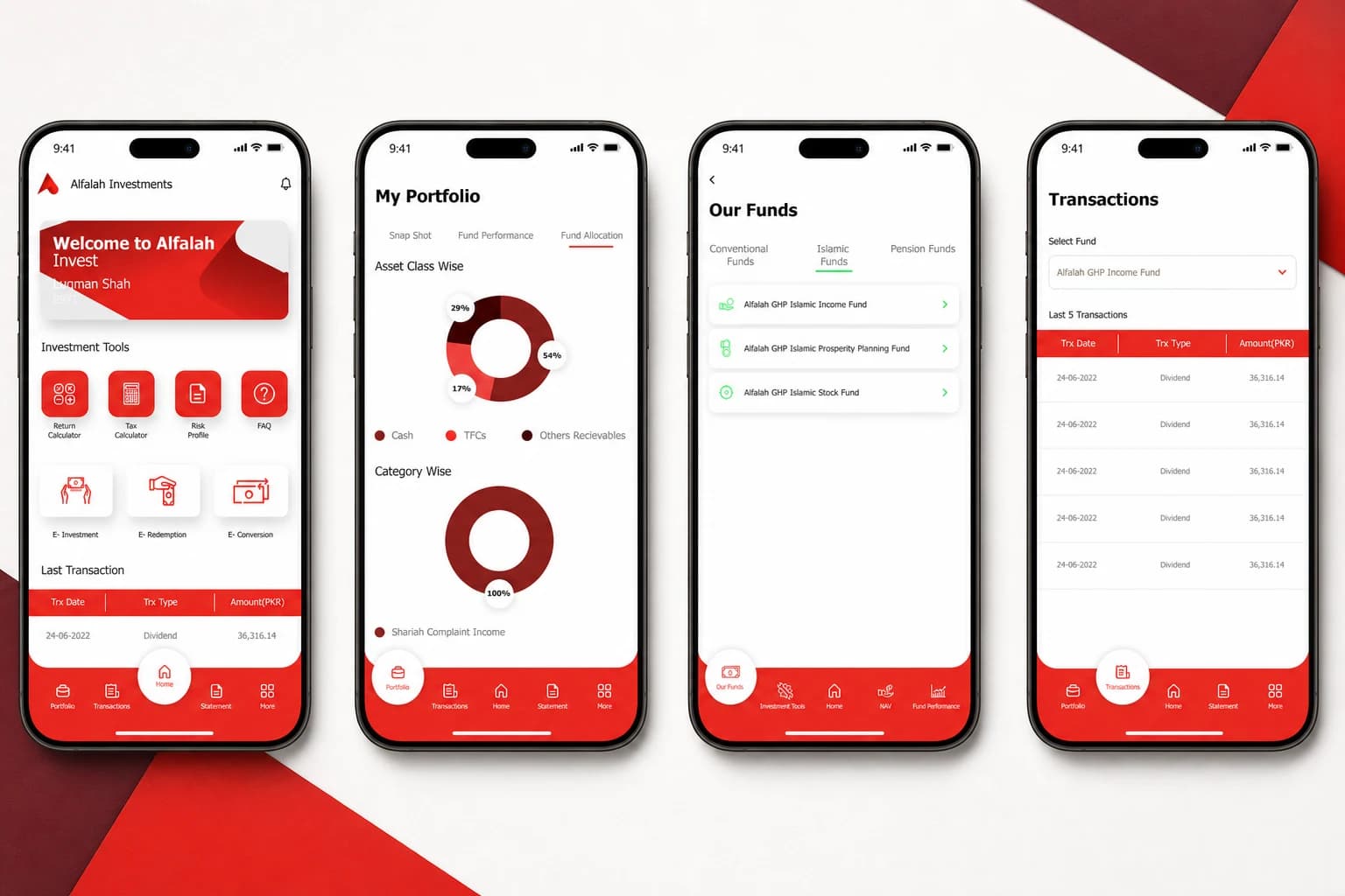 Alfalah Investments mobile app home, portfolio, funds, and transactions screens