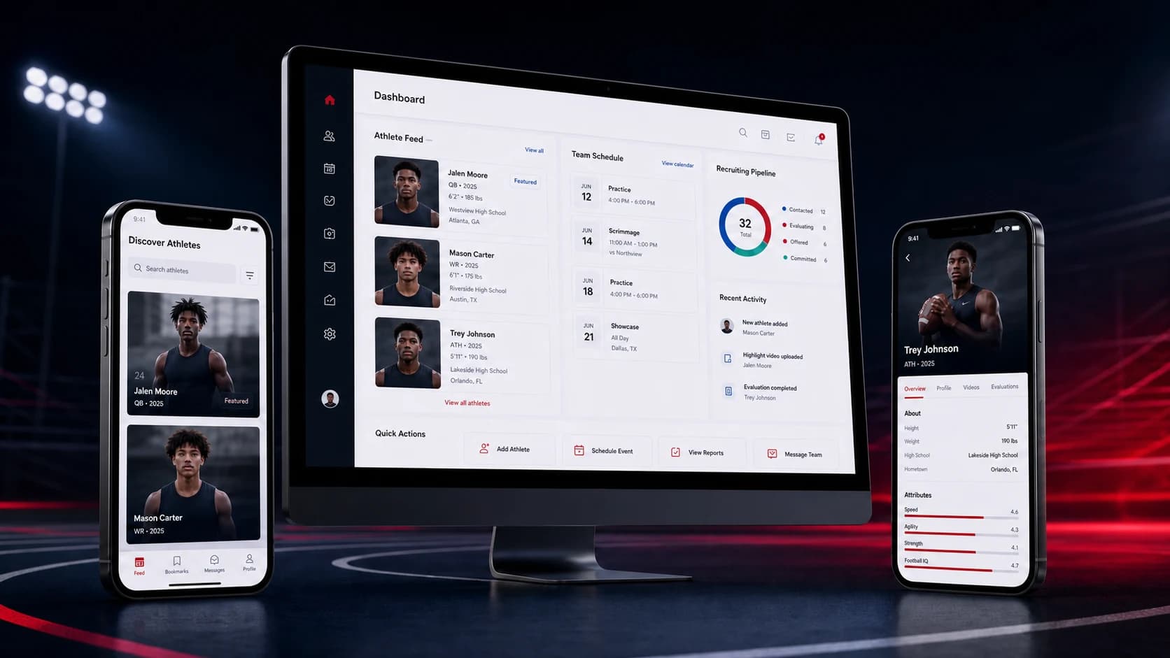 AthletesOnCall sports recruiting platform shown across desktop and mobile devices