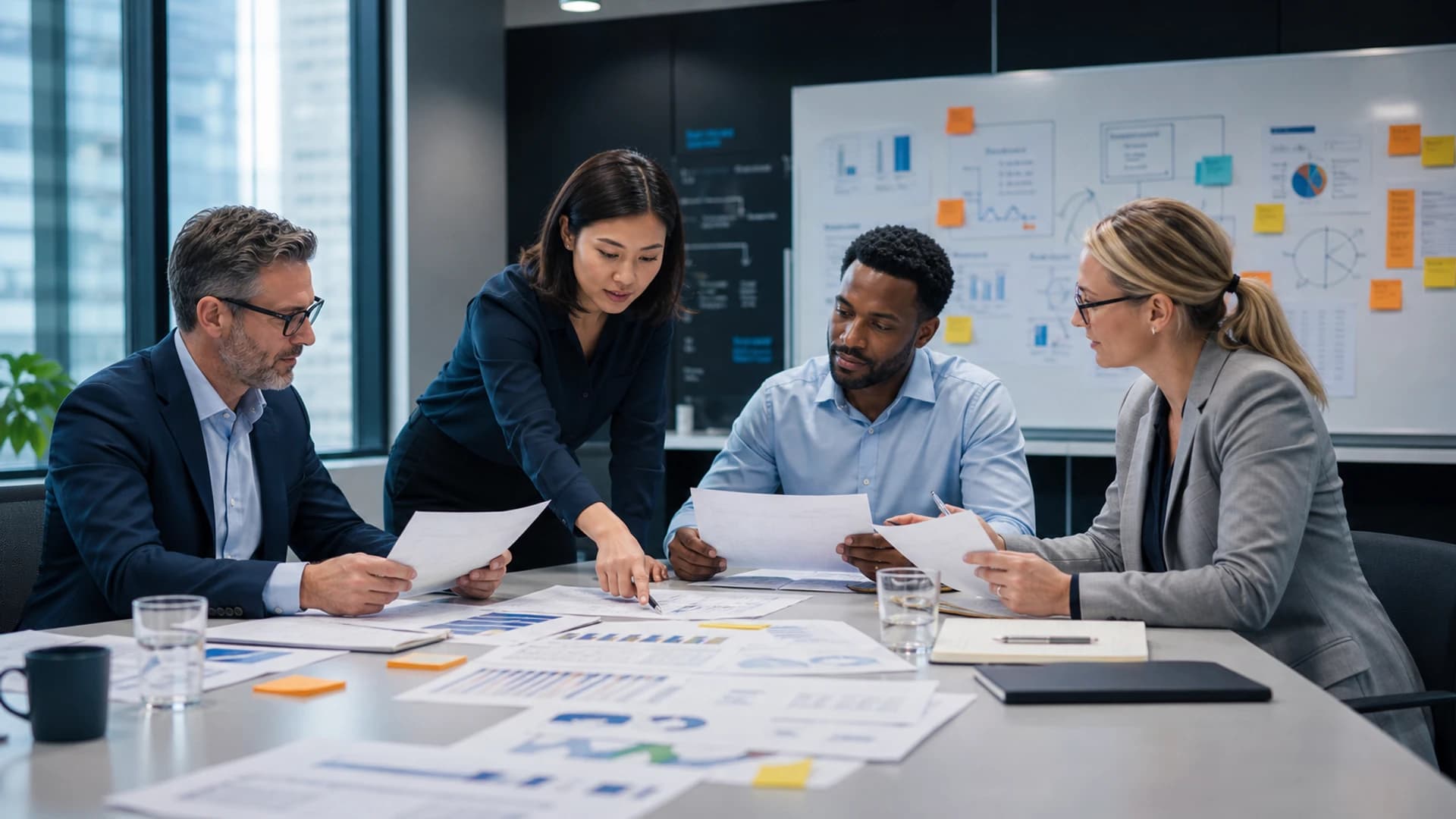 Cross-functional business team reviewing disconnected operational and financial reports