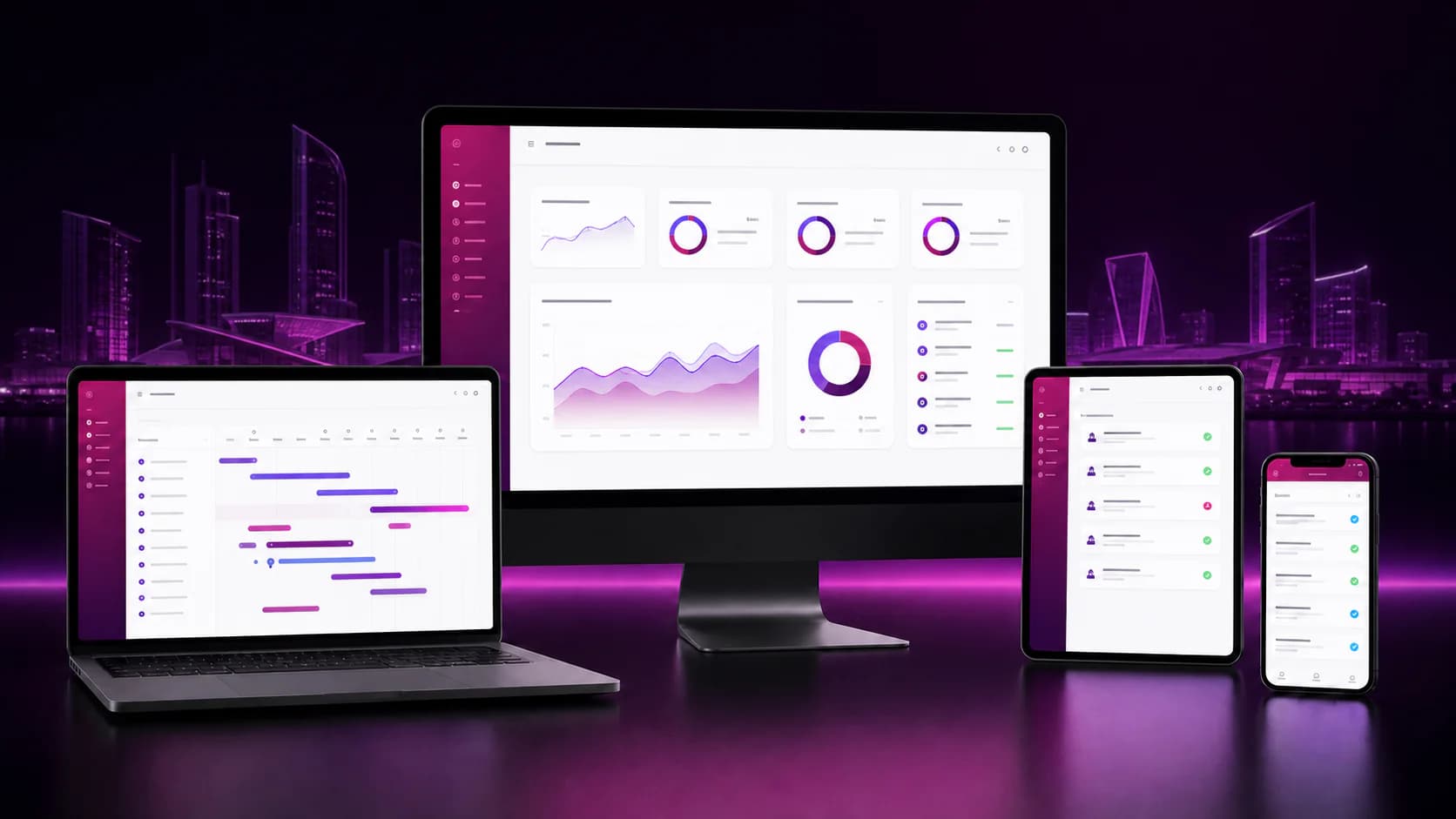 DGE business process automation platform presented across desktop, laptop, tablet, and mobile devices