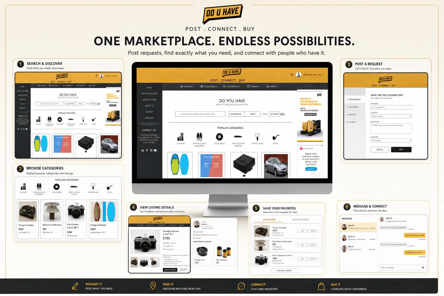 DO U HAVE feature showcase for search, categories, requests, listings, saved items, and messaging