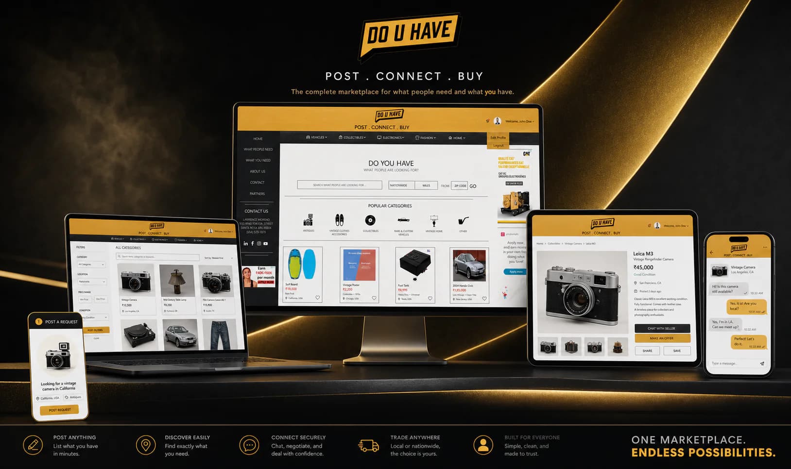 DO U HAVE marketplace discovery, item detail, request, and messaging screens across devices