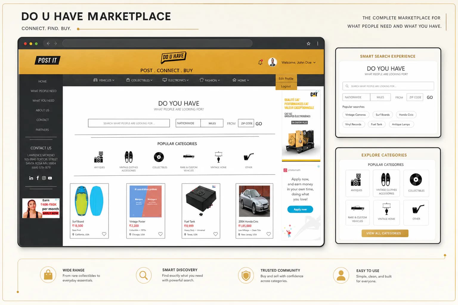 DO U HAVE desktop marketplace overview with search, category discovery, and listing cards