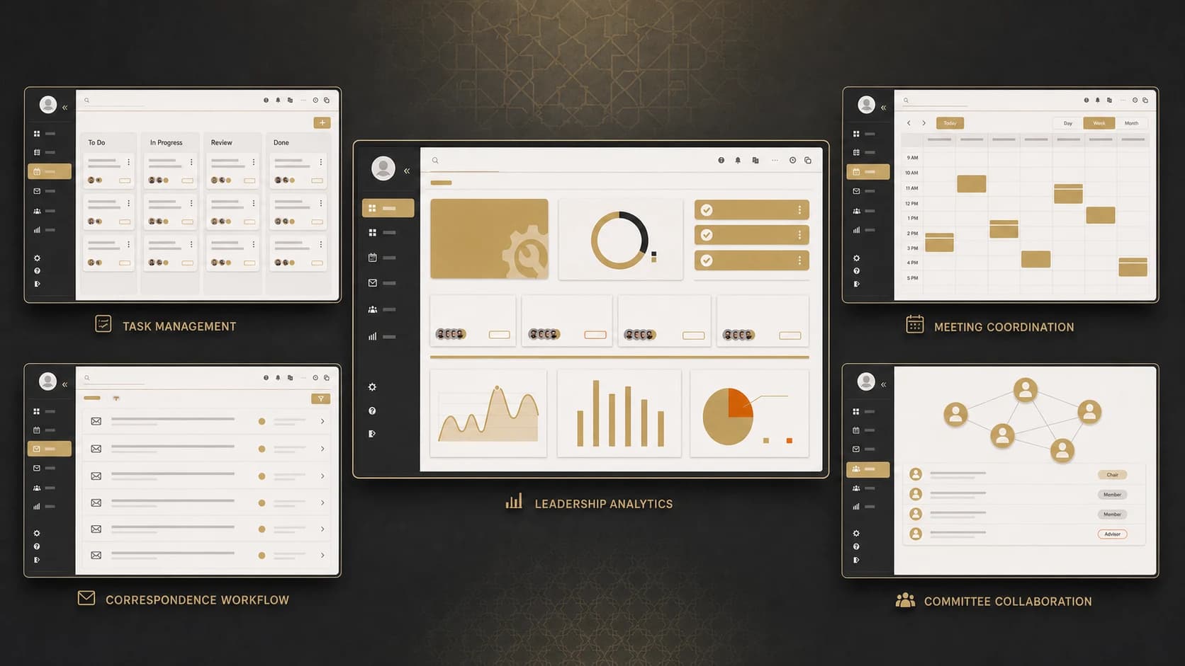 FDF task management, meeting coordination, correspondence, committee, and analytics features