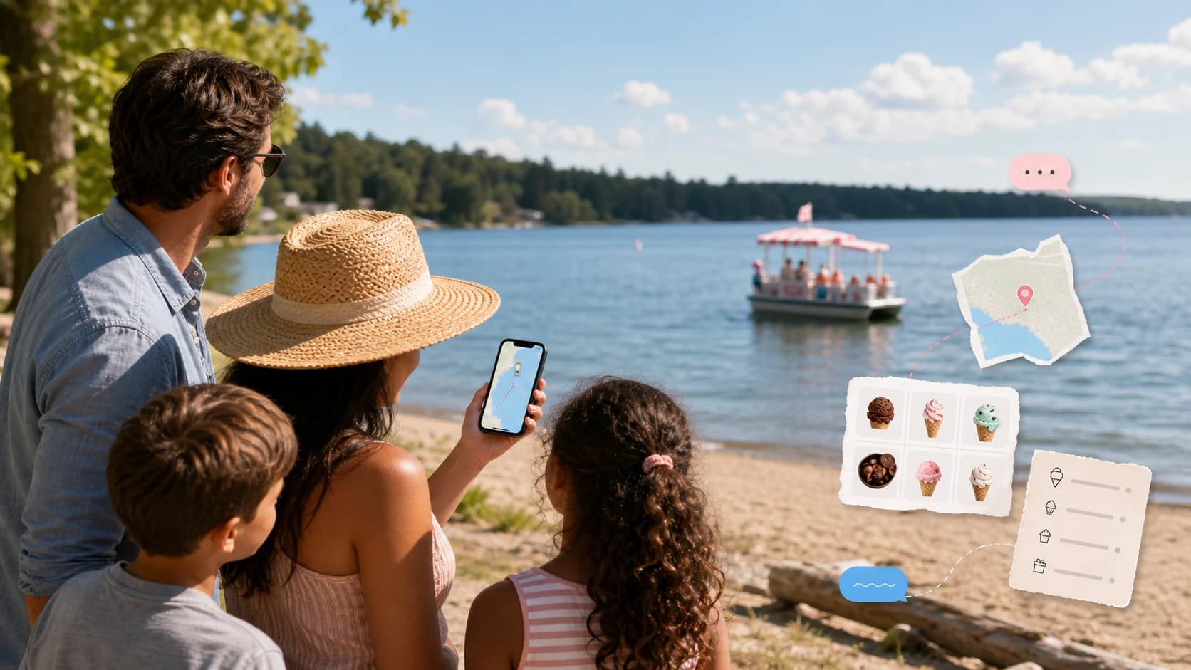 Family at a lakeside trying to locate an ice-cream boat while navigating fragmented map, menu, and ordering touchpoints