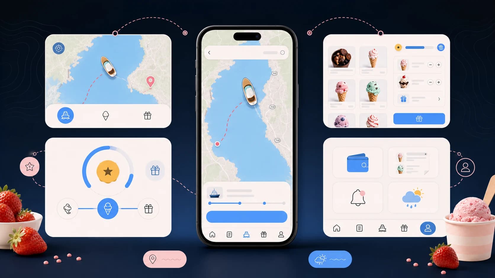 Fox Island feature showcase for live boat tracking, menu and cart, rewards, wallet, notifications, and weather