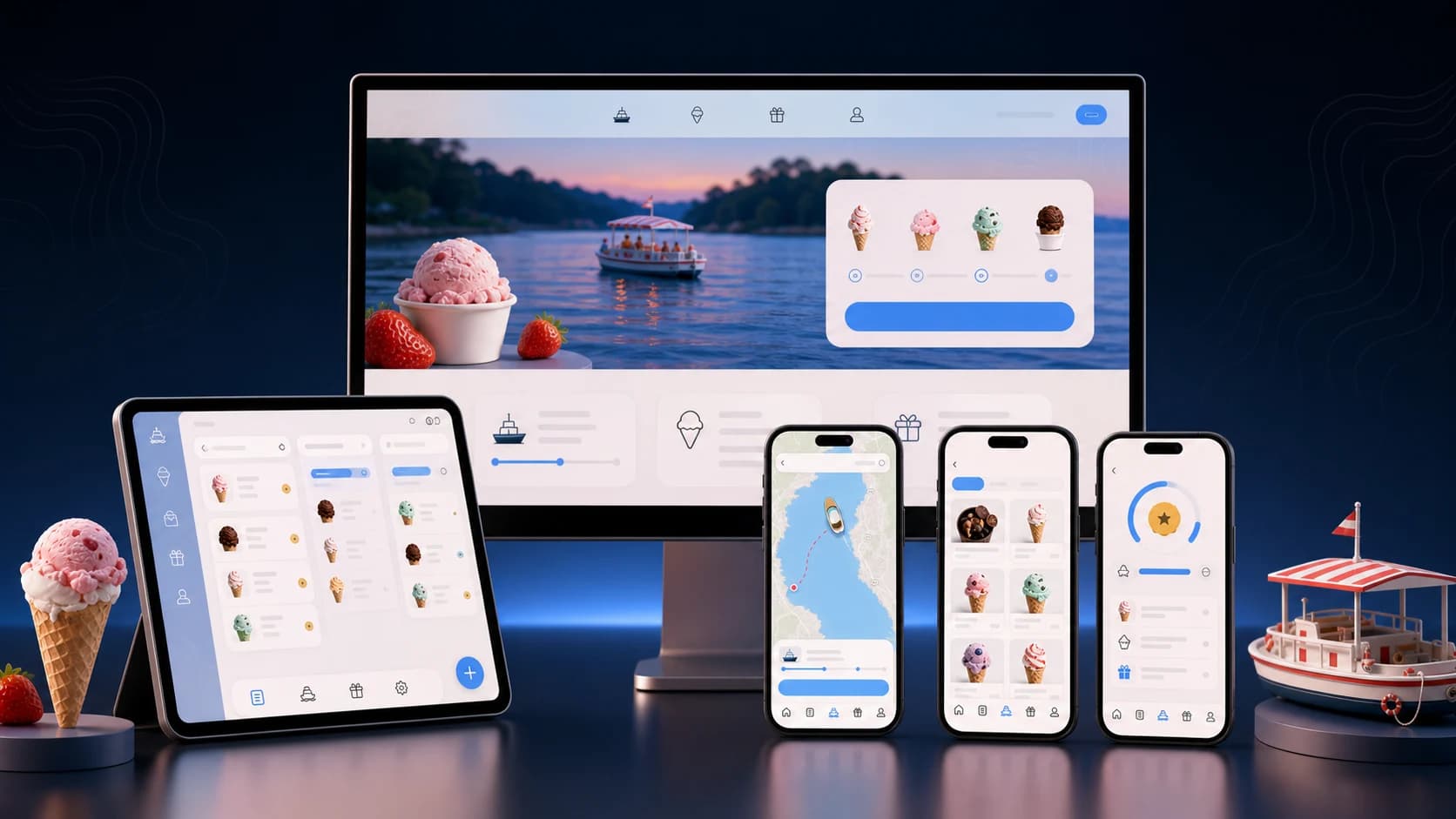 Fox Island website, operator tablet, live boat map, menu, and rewards experience across desktop and mobile devices