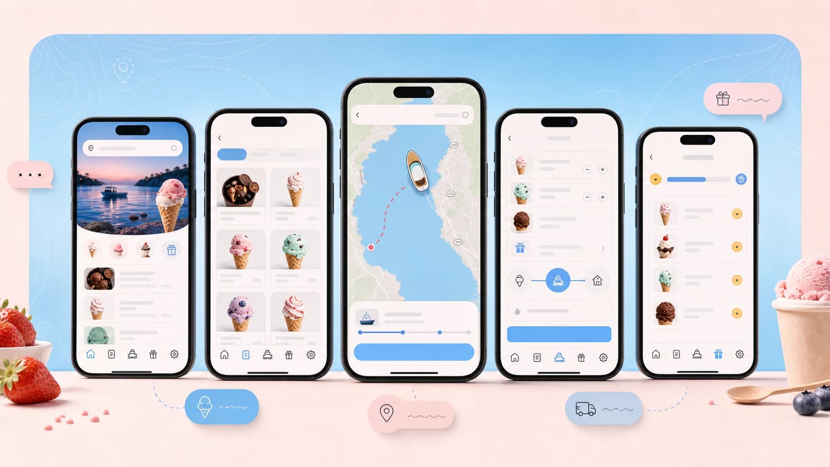 Fox Island live boat discovery, ice-cream ordering, cart, and rewards experience across five mobile screens