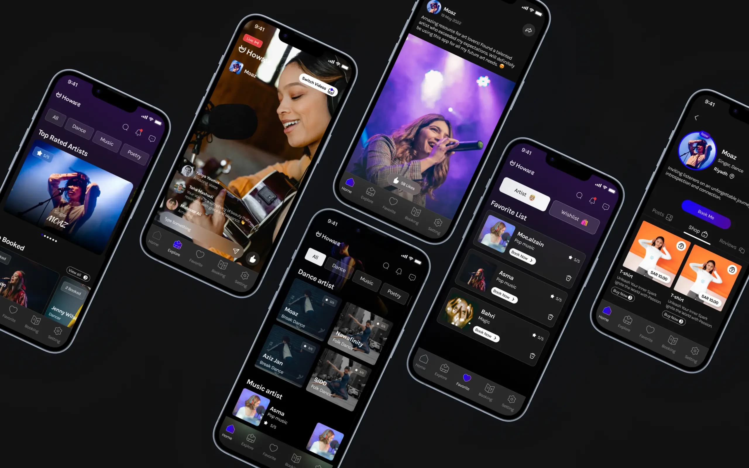 Howwe artist discovery, booking, favorites, and profile screens across multiple mobile devices
