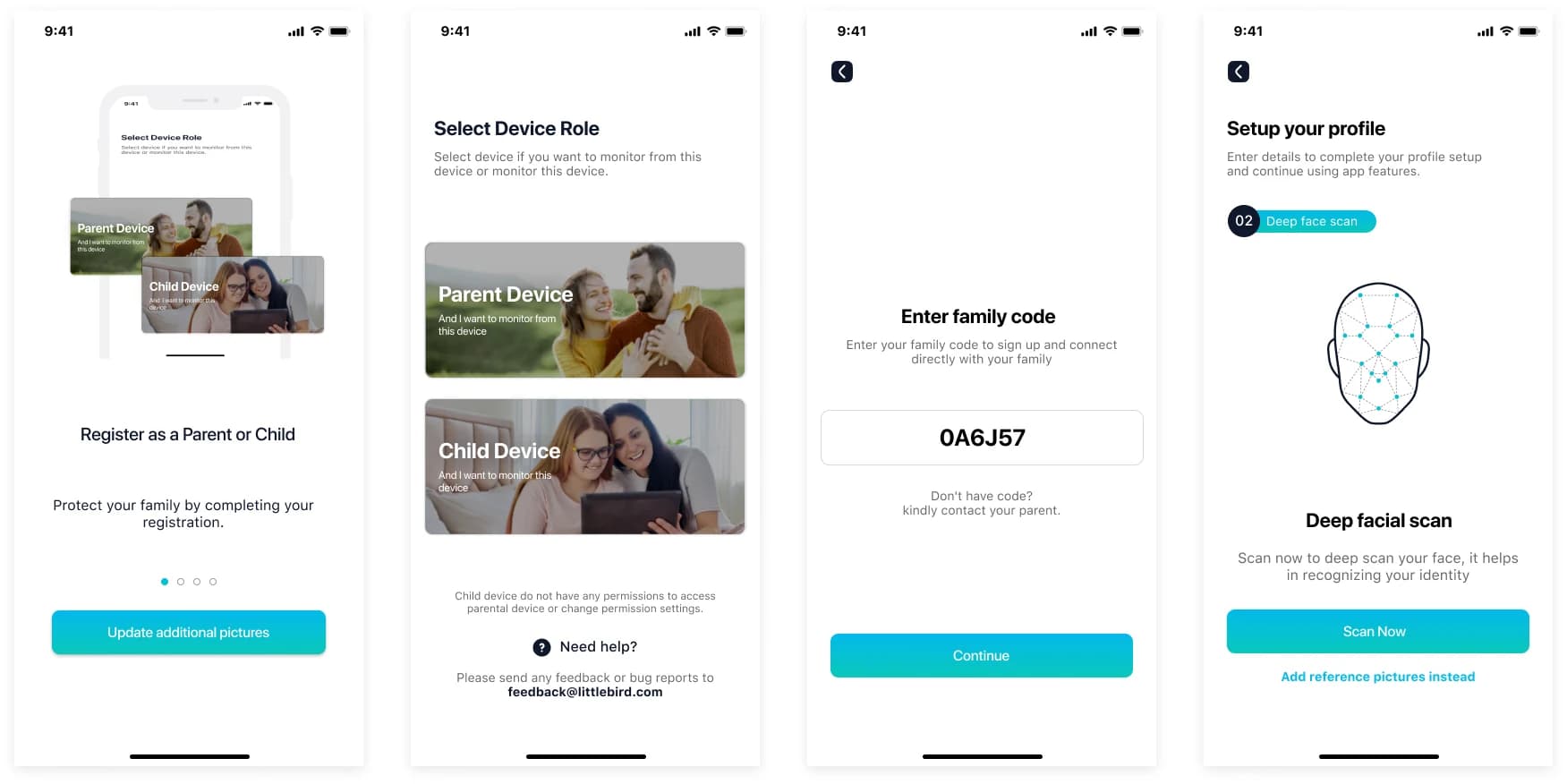 Our LittleBird onboarding flow for choosing a device role, linking a family code, and setting up a profile