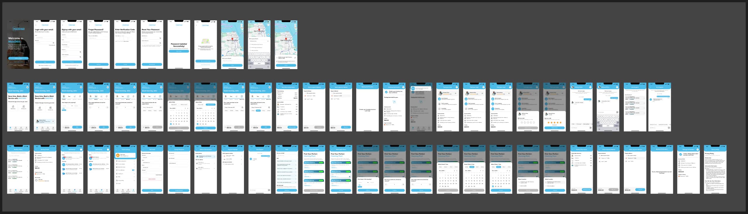 Full customer experience flow exported from the Maid 360 Figma source
