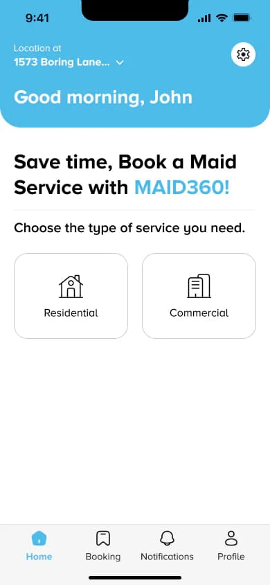Maid 360 residential and commercial service selection screen