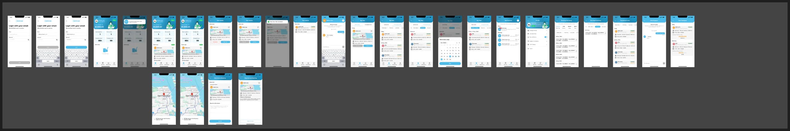 Full employee task-management flow exported from the Maid 360 Figma source