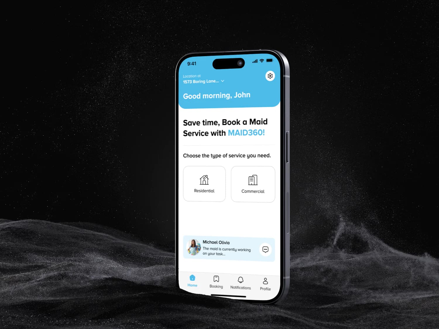 Maid 360 customer app shown in a presentation mockup