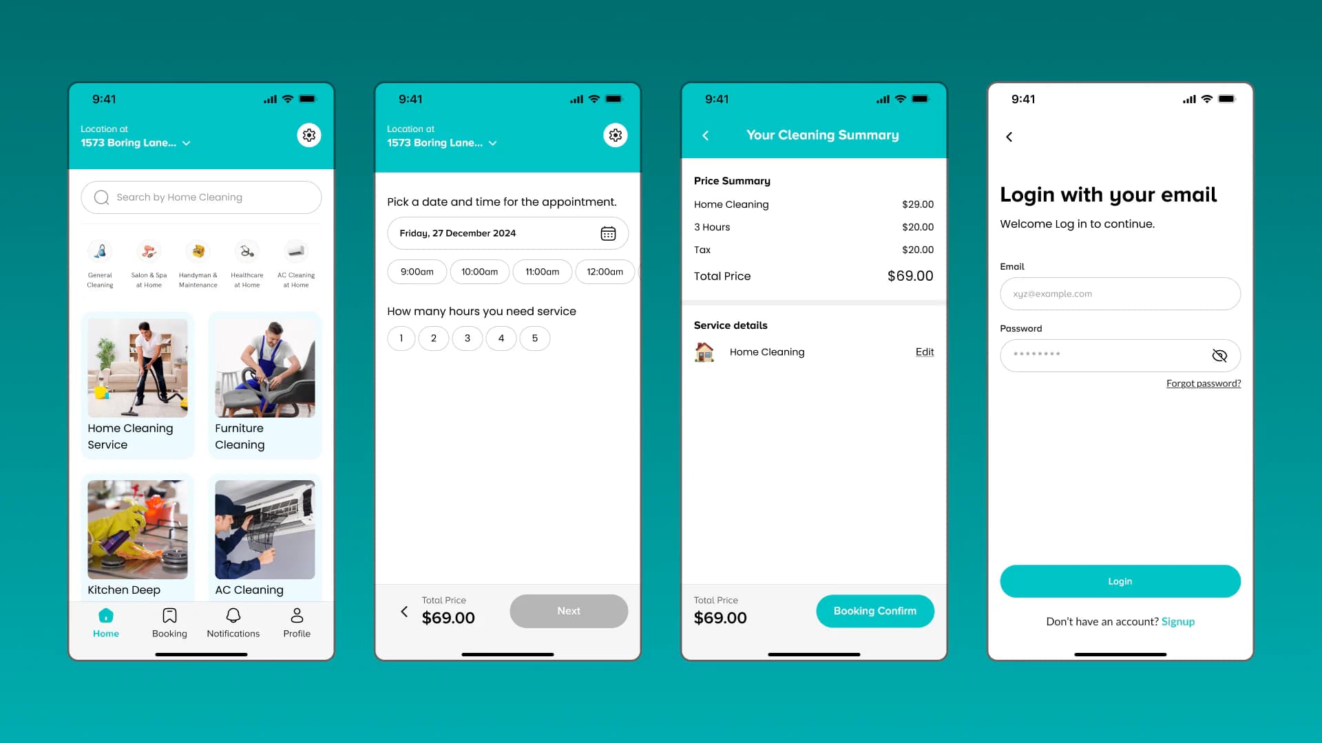 Real Maid 360 Figma screens for service discovery, scheduling, booking summary, and authentication