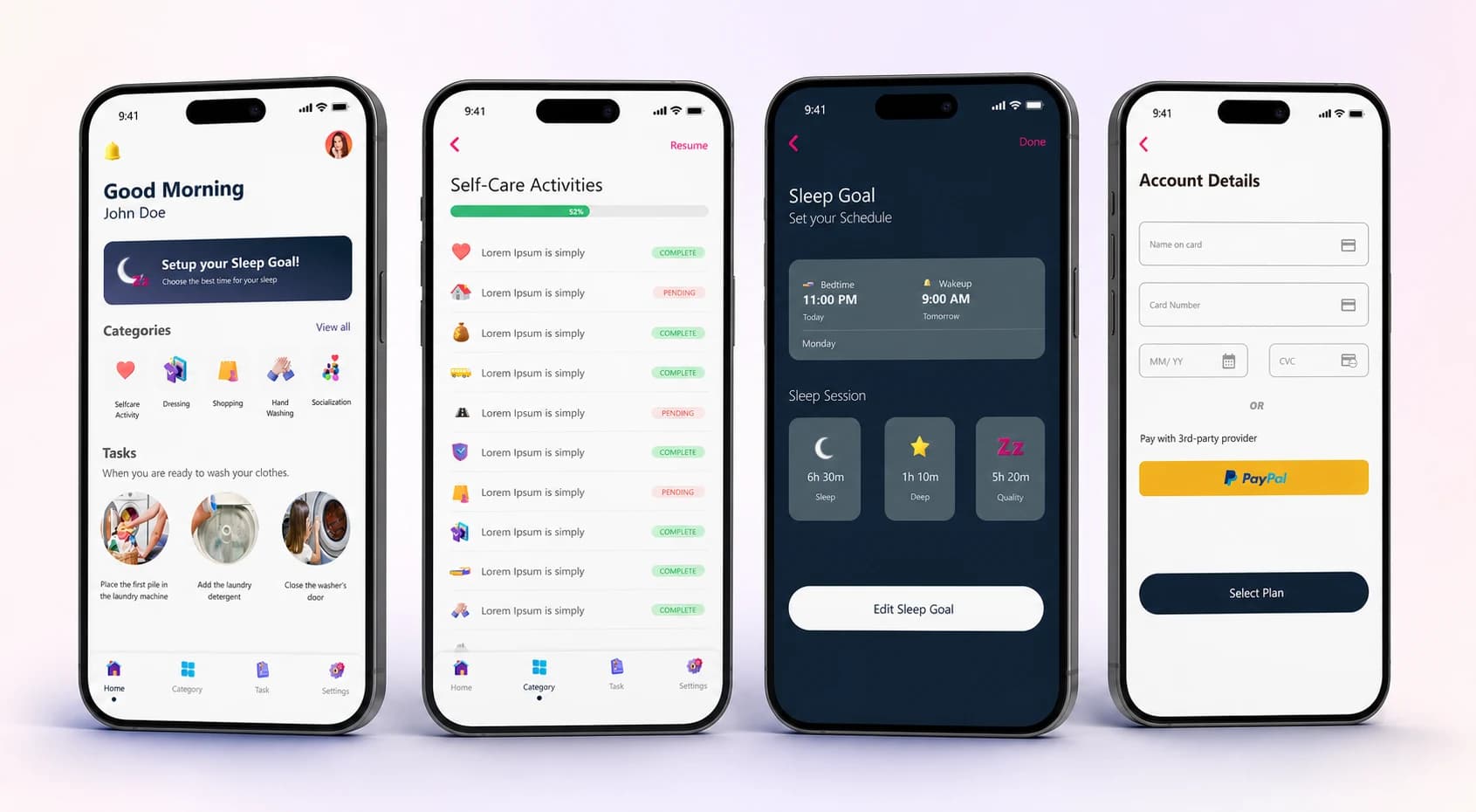 Revme wellbeing app home, self-care, sleep goal, and plan screens