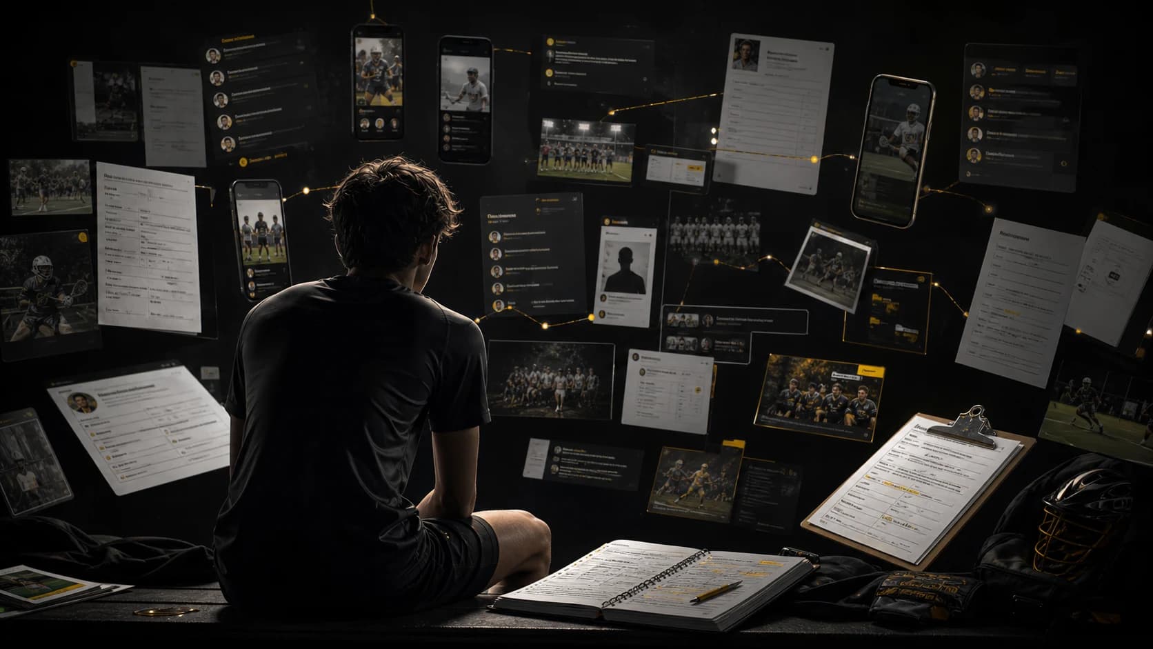 An athlete surrounded by disconnected forms, profiles, messages, and sports records