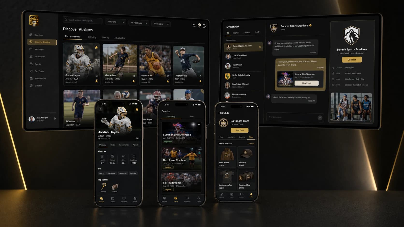Sport Me ID feature showcase with athlete discovery, profiles, events, fan clubs, messaging, and merchandise