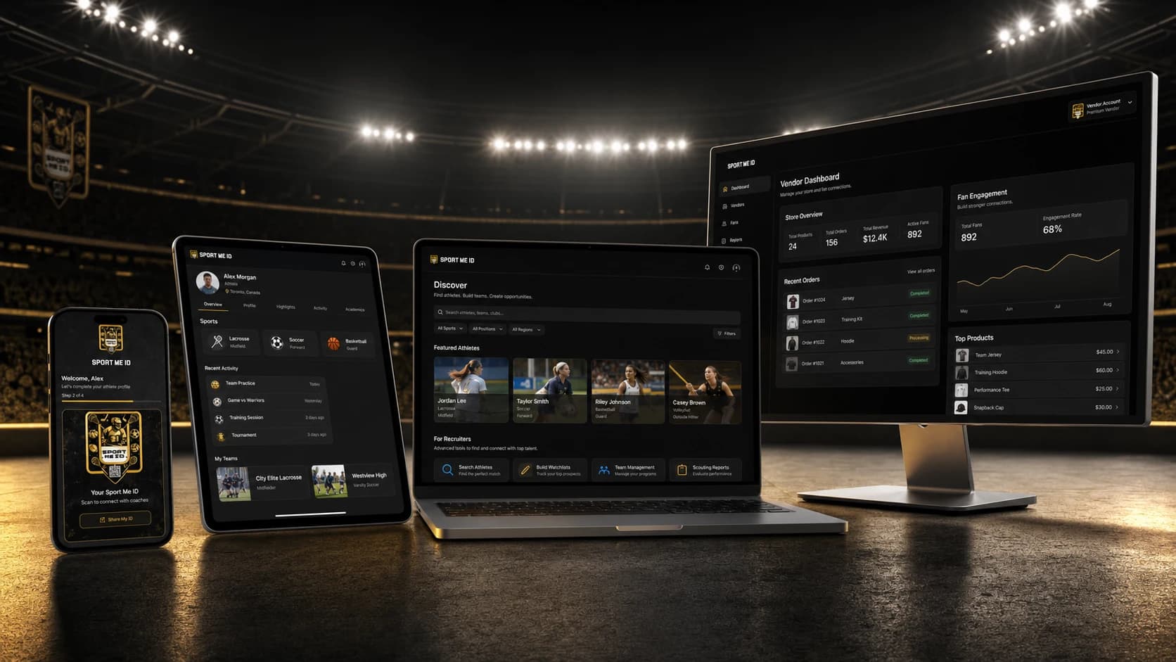 Sport Me ID responsive platform presented across smartphone, tablet, laptop, and desktop
