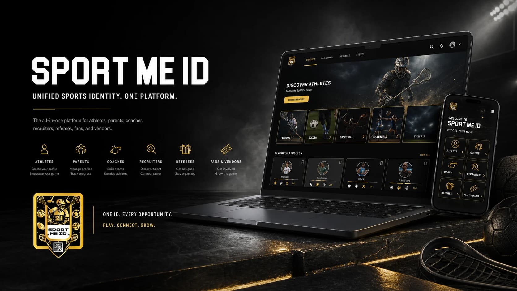 Sport Me ID product overview showing athlete discovery, featured profiles, and role selection