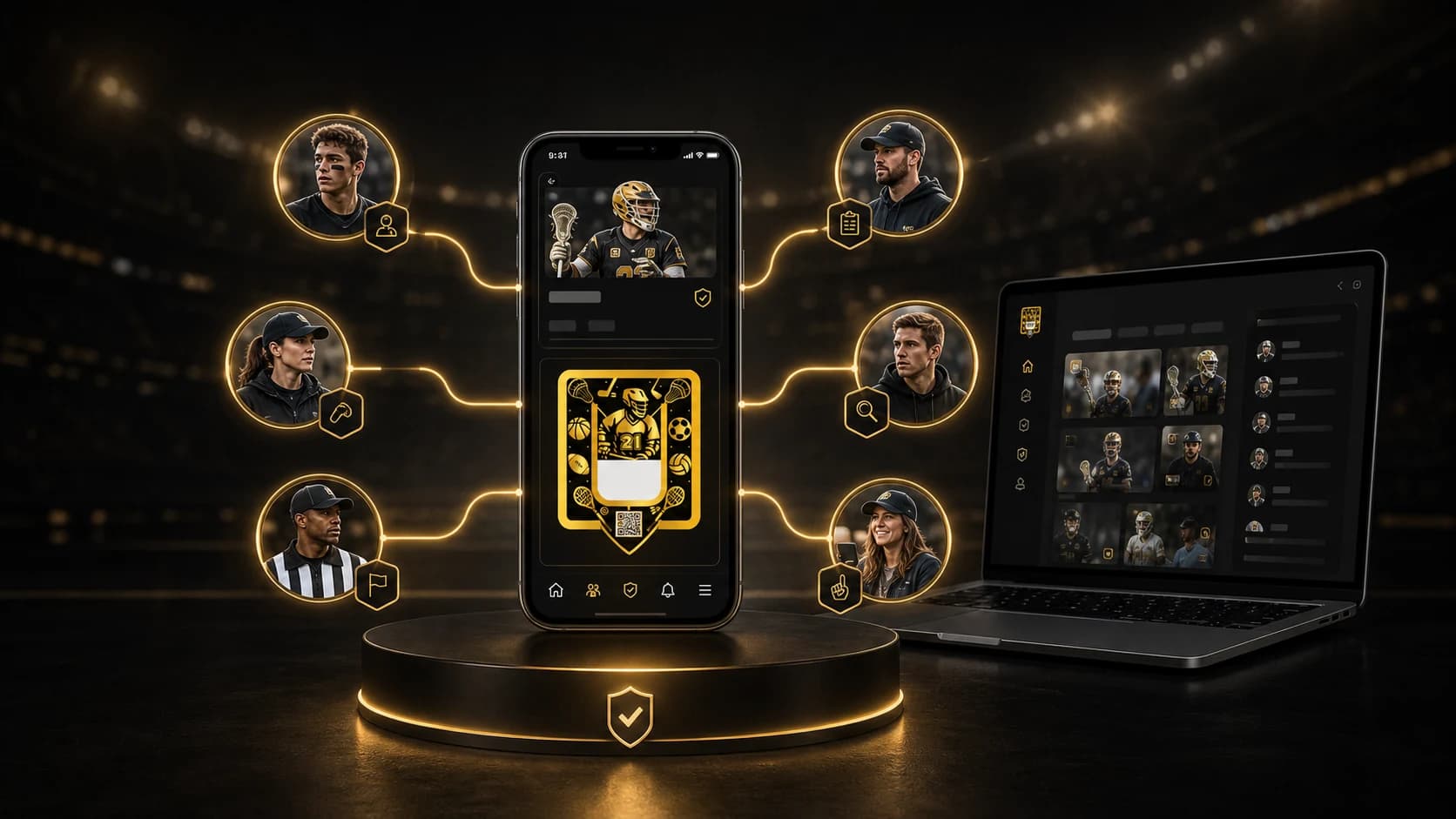 Sport Me ID identity hub connecting an athlete profile with coaches, recruiters, referees, fans, and web tools