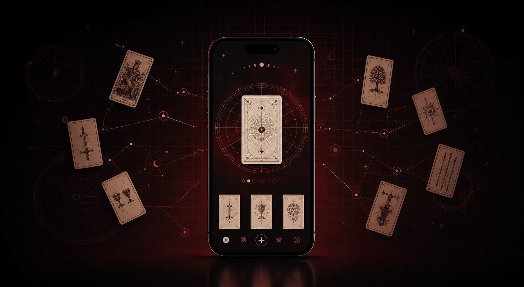 Disconnected tarot cards and astrological inputs converging around the Tarot Tap app