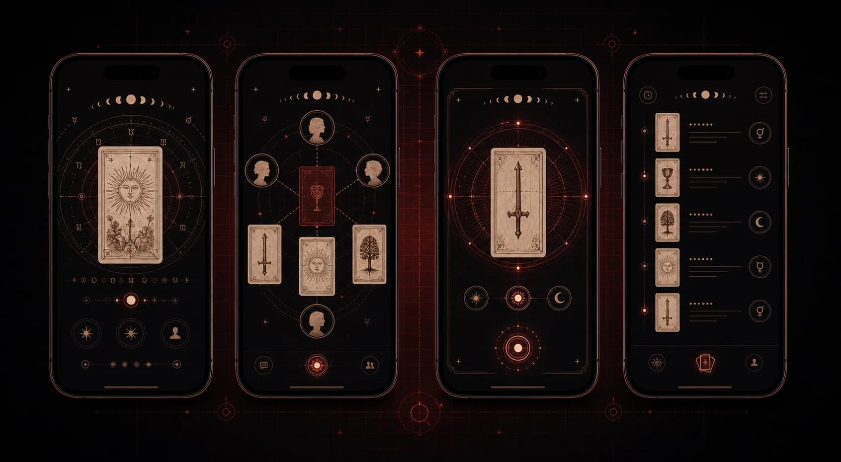 Tarot Tap feature showcase with Soul Card, group reading, Card of the Day, and tarot timeline