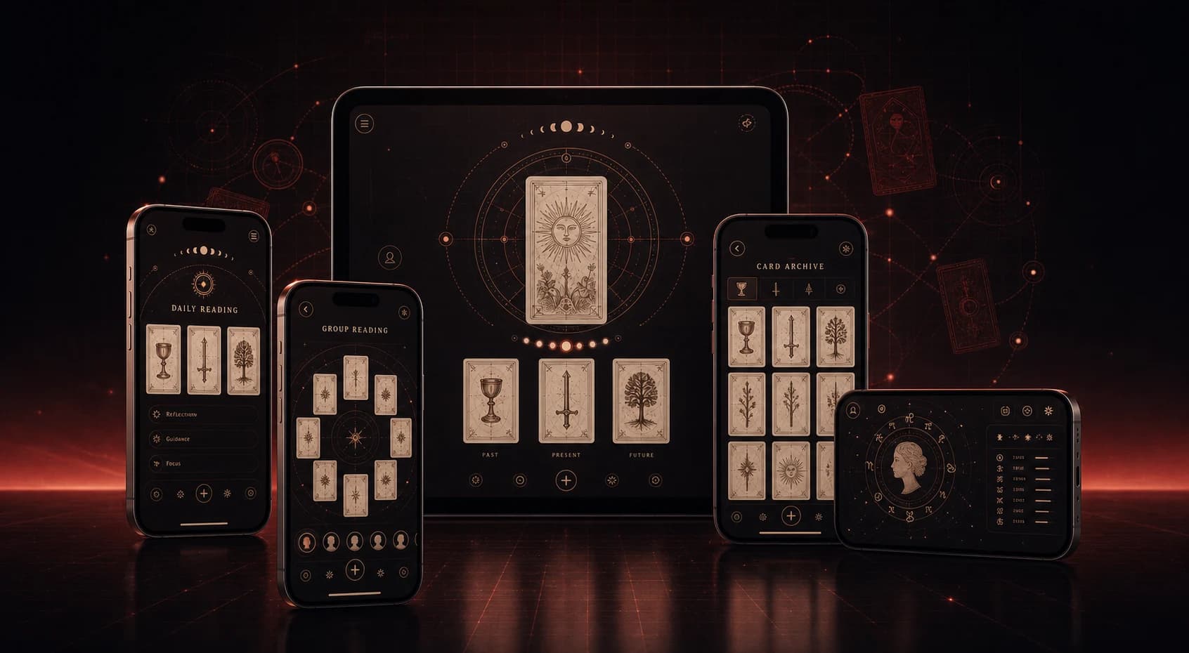 Tarot Tap final product presentation across tablet and mobile devices