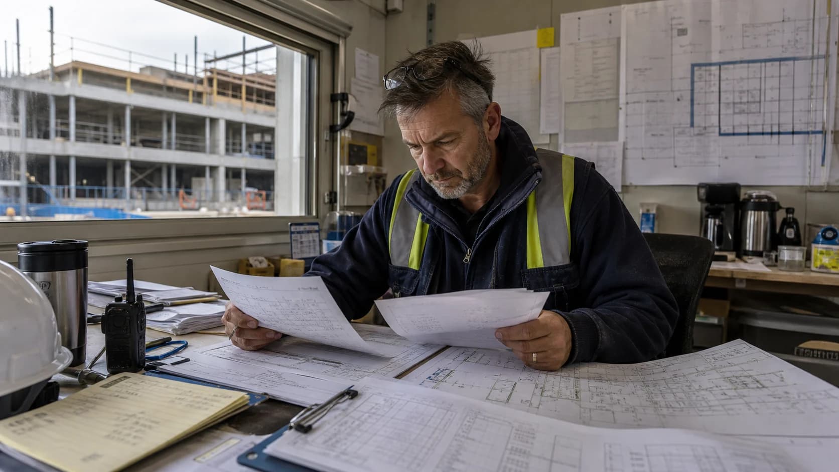 Construction supervisor reconciling paper timesheets, plans, and disconnected jobsite records