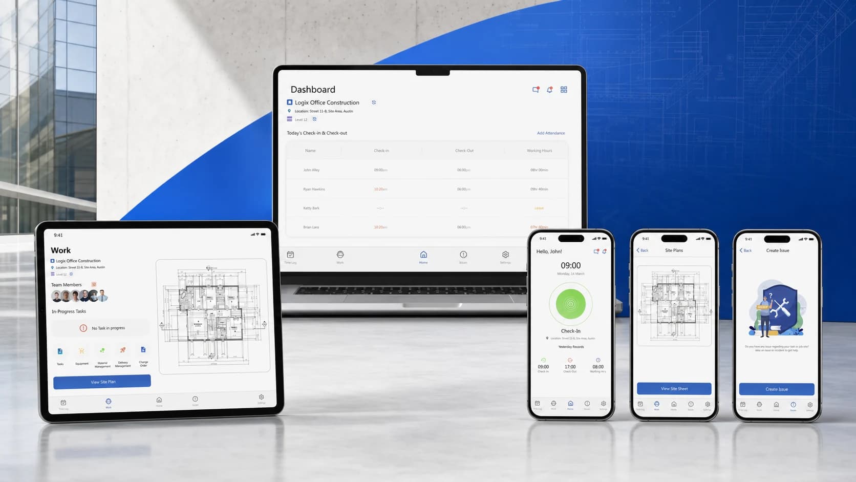 TDS Contracting final multi-device presentation across manager dashboard, work, check-in, plans, and issue reporting