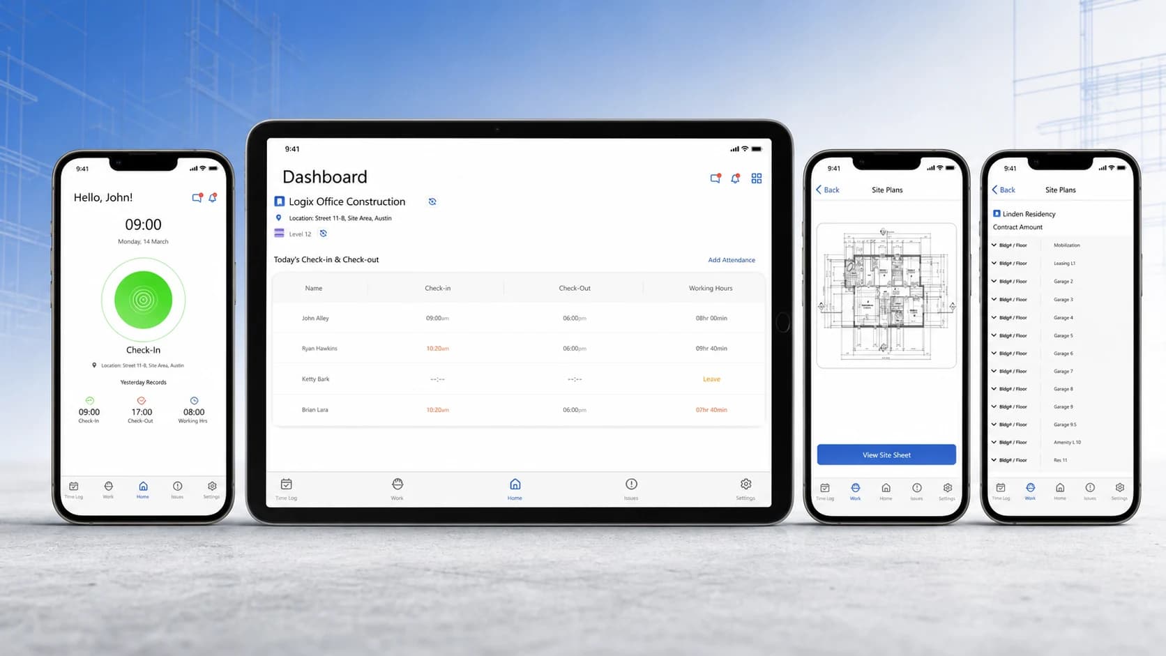 TDS Contracting manager dashboard, worker check-in, and site plan workflows across devices