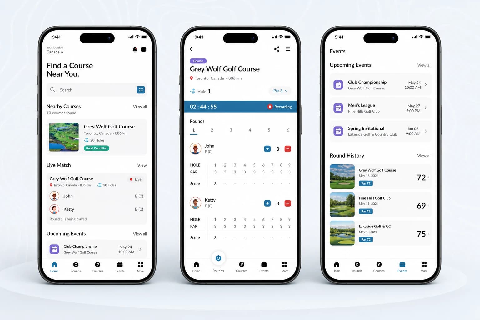 Witness Disk mobile golf app course discovery, live scoring, and event screens