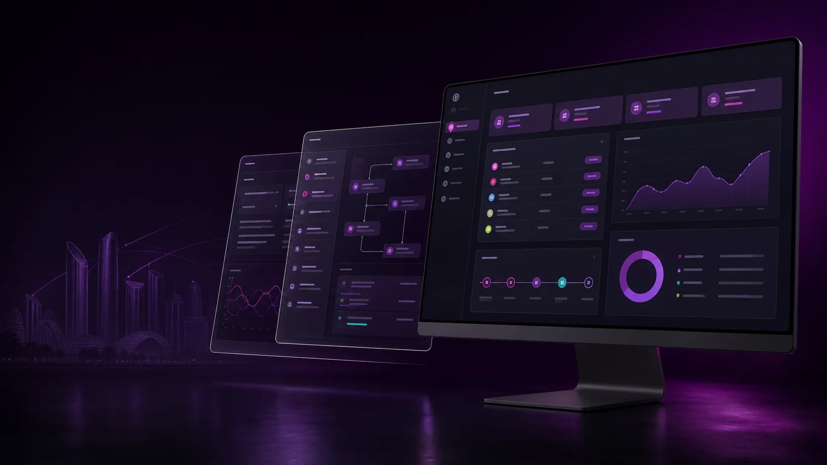 DGE business process automation platform presented in a dark violet enterprise technology environment