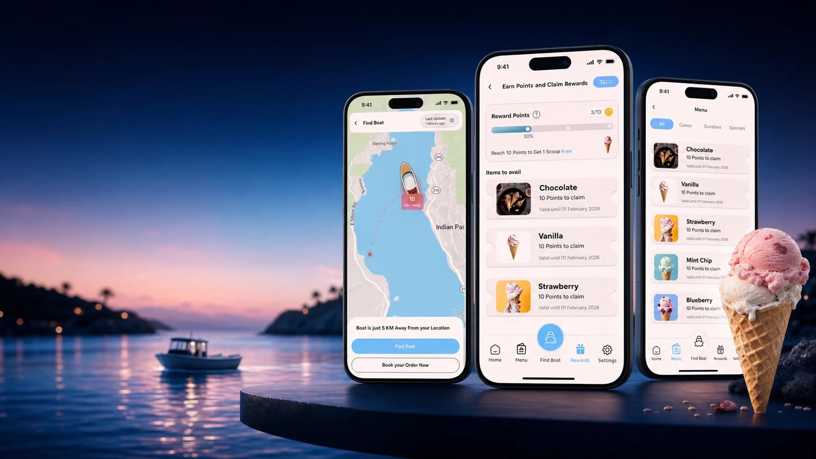 Fox Island live boat map, rewards, and ice-cream menu displayed across three phones beside a lakeside boat