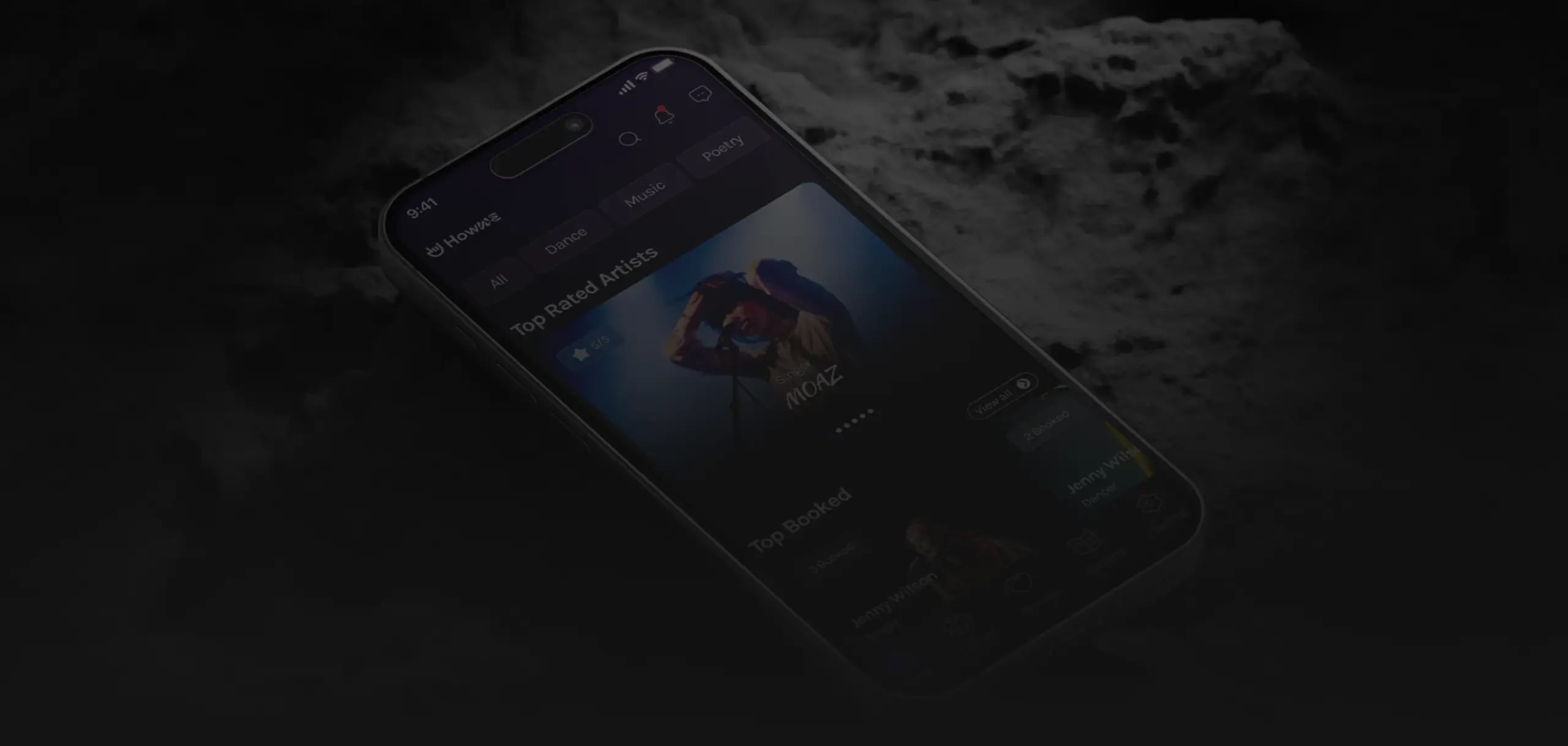 Howwe artist booking app discovery interface on a mobile phone