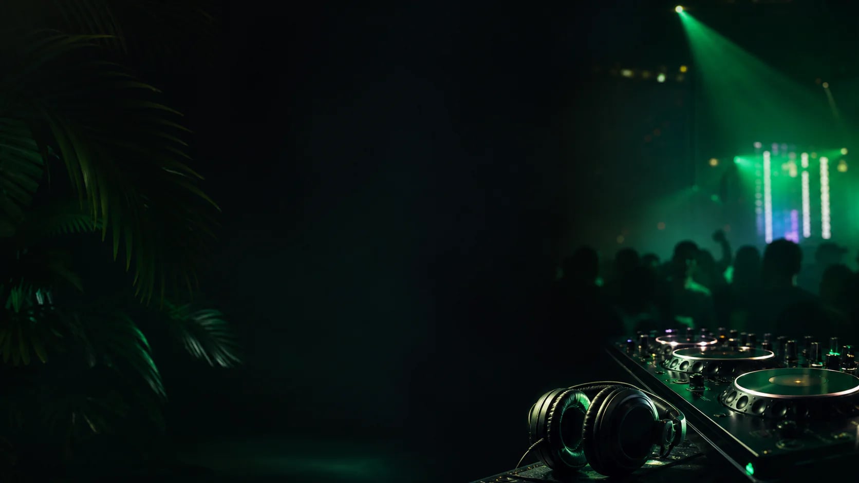 DJ equipment and a live music venue in a dark green atmosphere