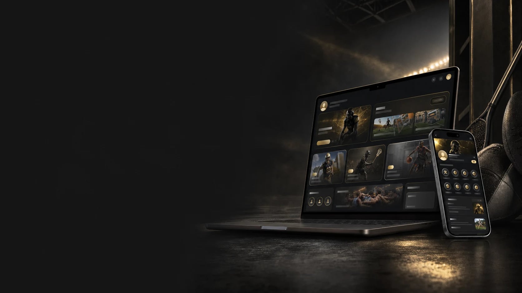 Sport Me ID web and mobile interfaces on a laptop and smartphone in a dark sports studio