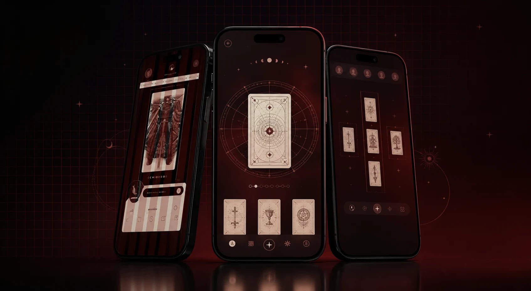 Tarot Tap app shown across three phones in a deep red celestial product scene