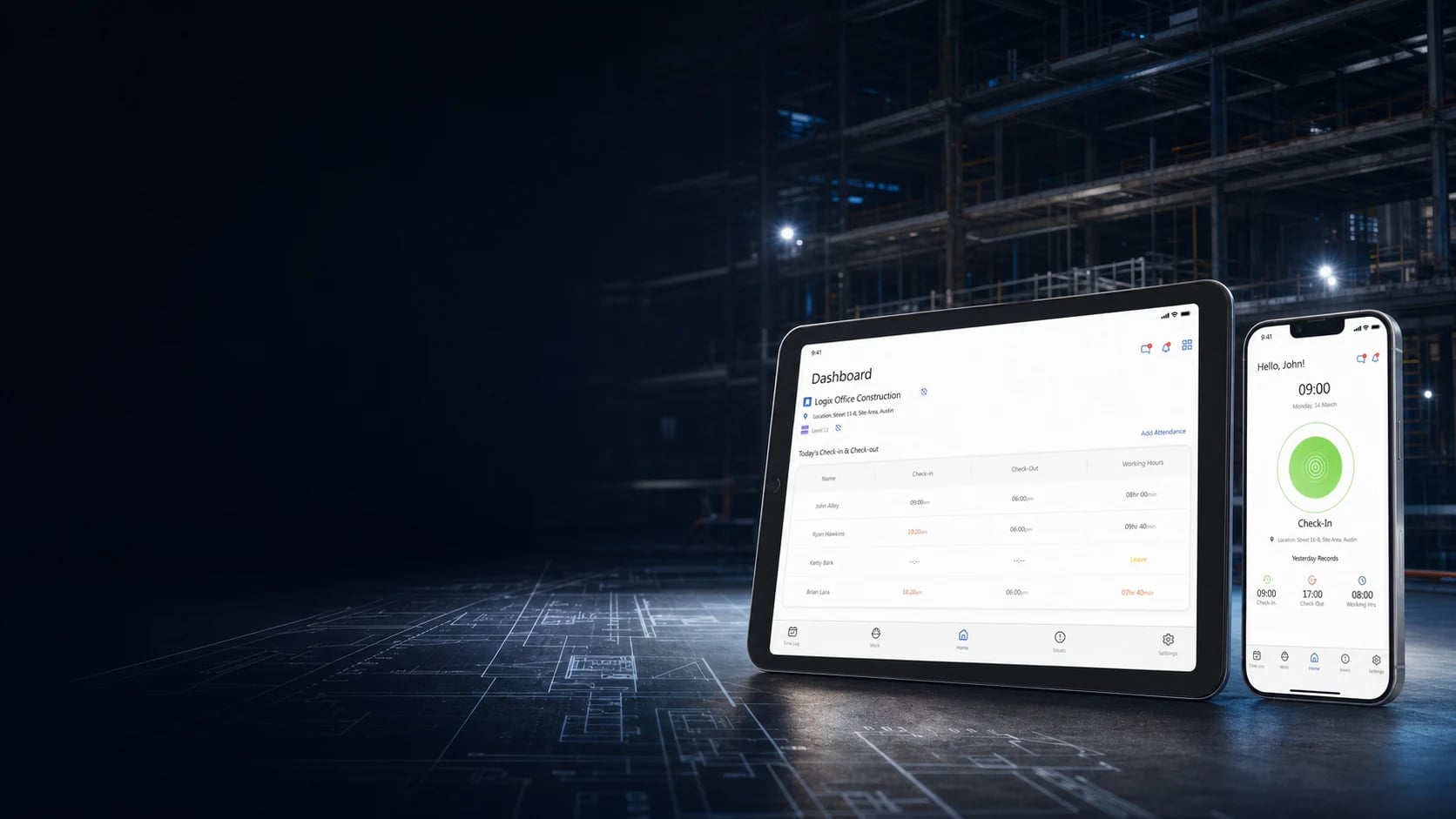 TDS Contracting attendance dashboard and worker check-in app at a commercial construction site