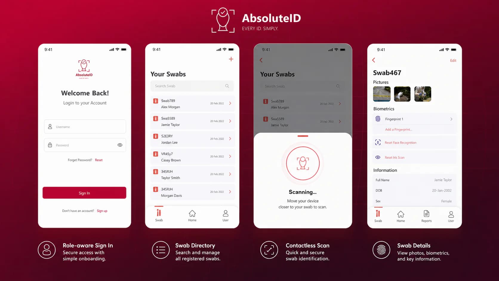 AbsoluteID role-aware sign in, swab directory, contactless scanning, and biometric identity record features AbsoluteID role-aware sign in, swab directory, contactless scanning, and biometric identity record features