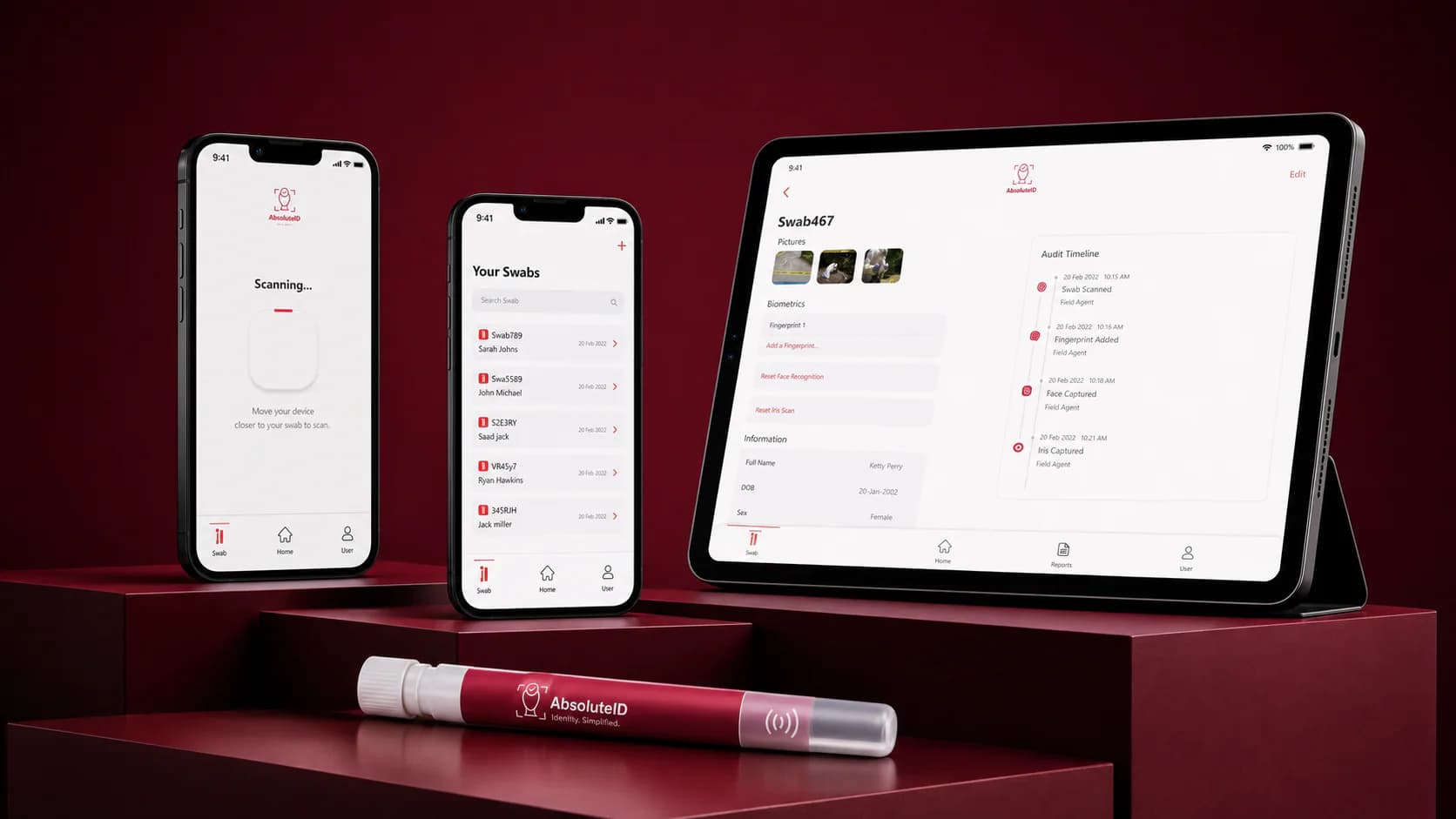 AbsoluteID swab scanning, inventory, biometric record, and audit timeline across phones and tablet AbsoluteID swab scanning, inventory, biometric record, and audit timeline across phones and tablet