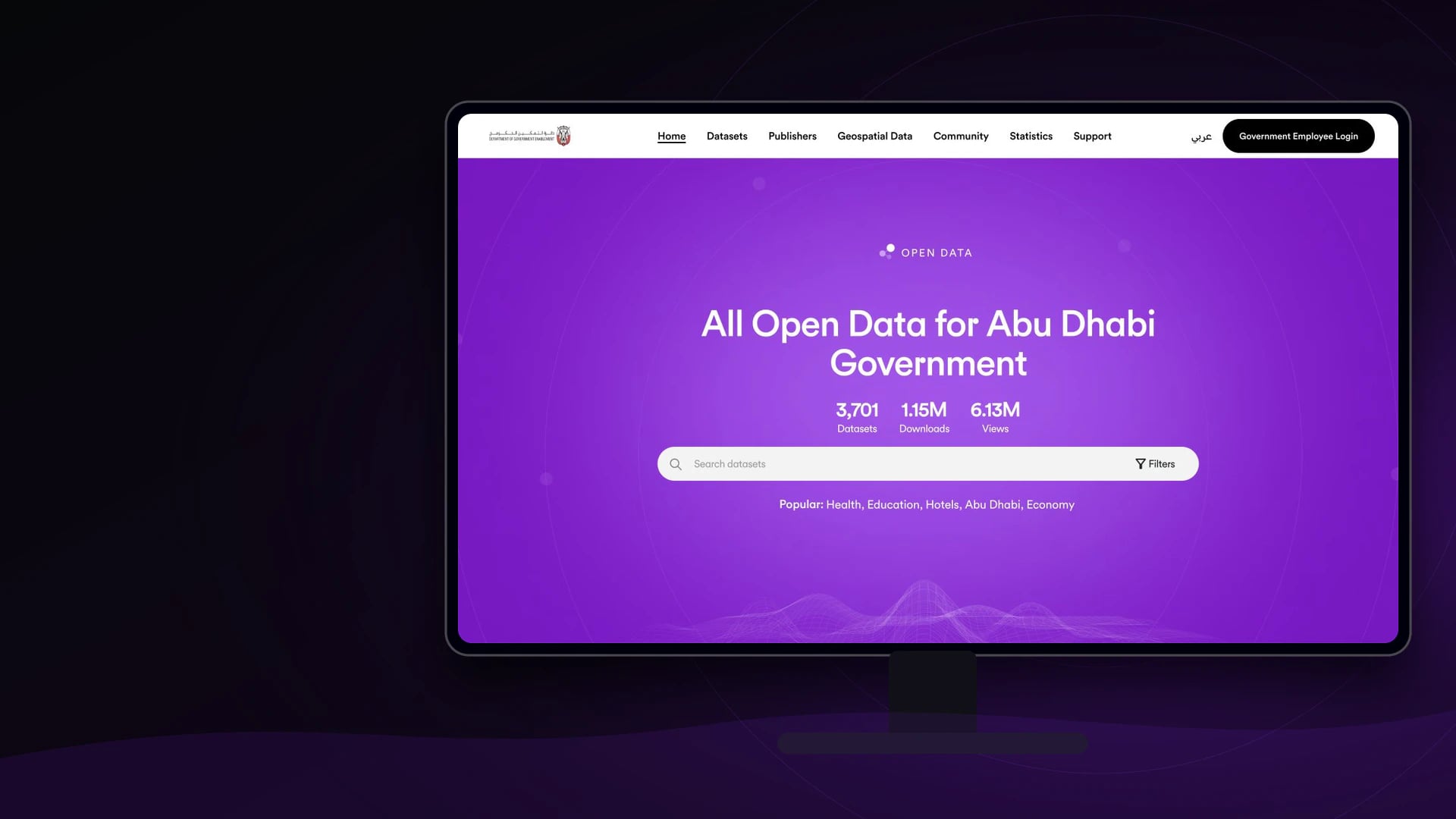 Abu Dhabi Open Data Platform presented on a desktop display with a violet dataset-search experience Abu Dhabi Open Data Platform presented on a desktop display with a violet dataset-search experience
