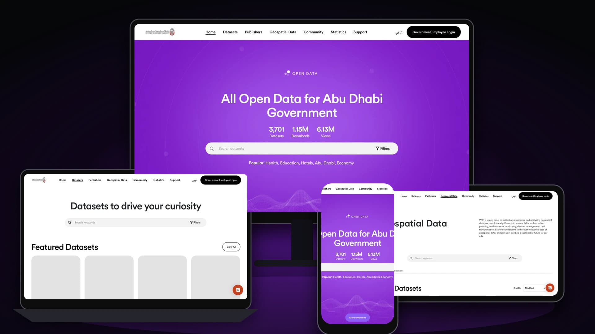 Abu Dhabi Open Data Platform presented across desktop, laptop, tablet, and mobile screens Abu Dhabi Open Data Platform presented across desktop, laptop, tablet, and mobile screens