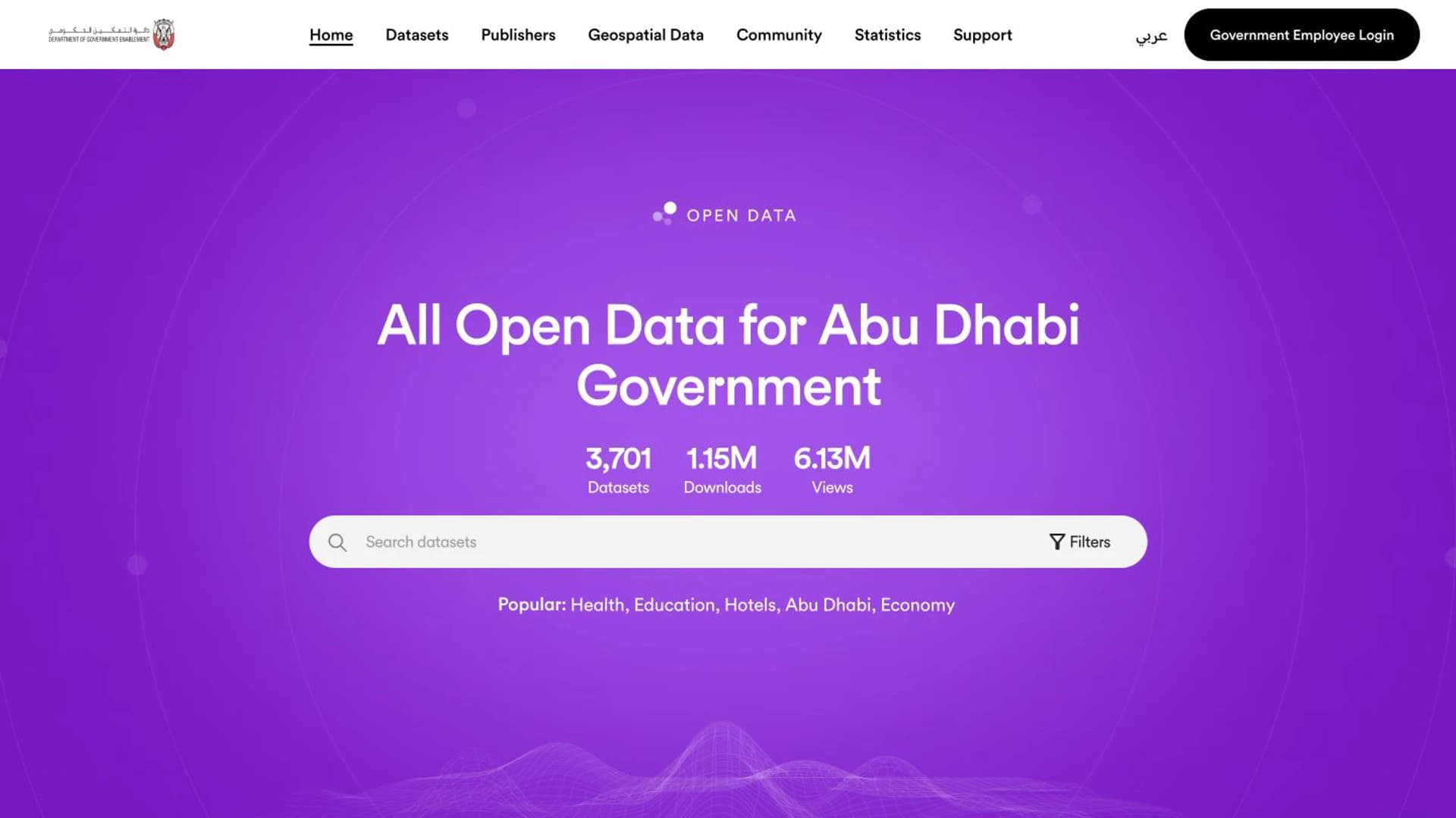 Live Abu Dhabi Open Data Platform homepage with public data metrics and dataset search Live Abu Dhabi Open Data Platform homepage with public data metrics and dataset search