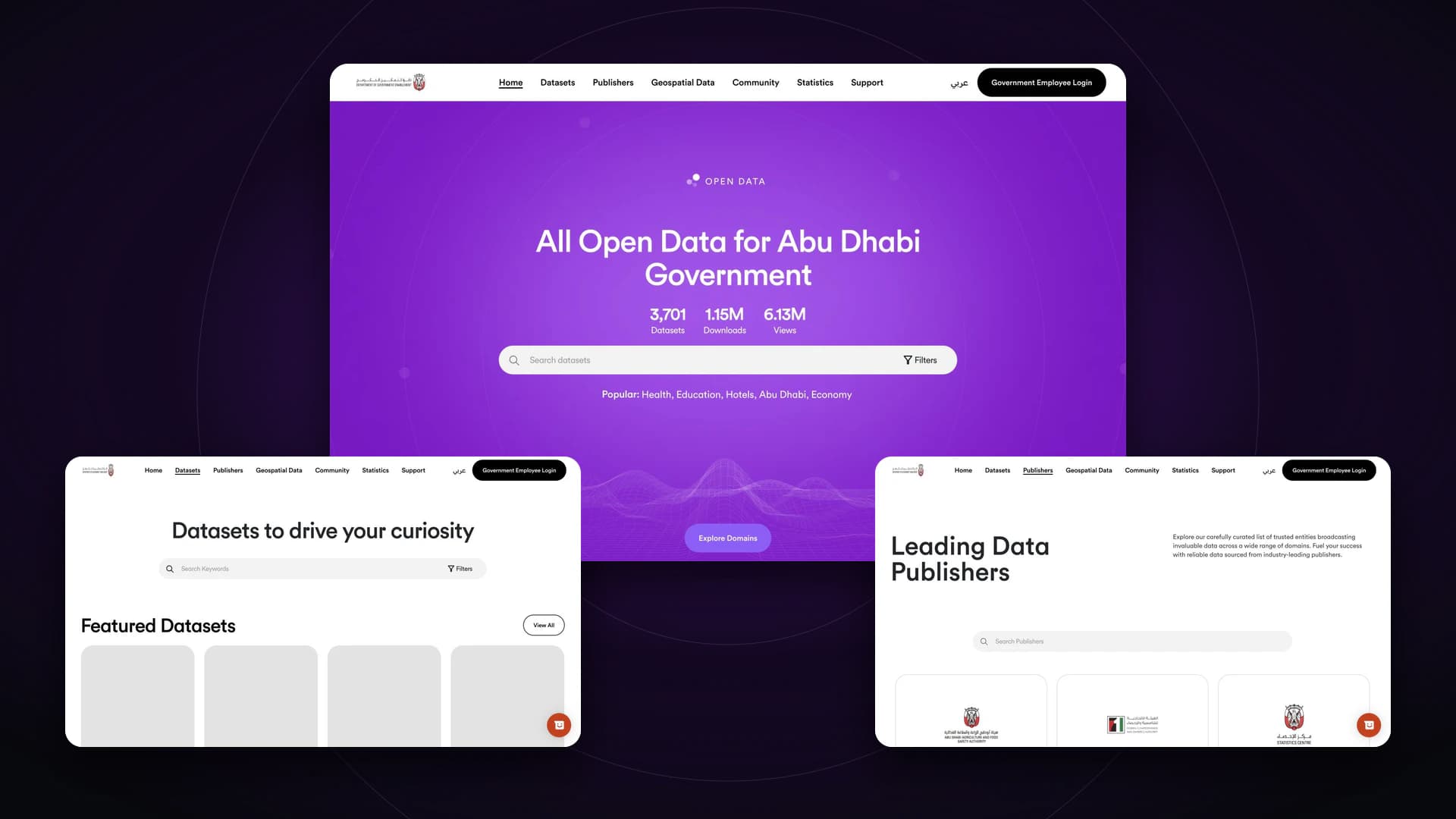 Live platform screens for the open data homepage, dataset catalog, and government publisher directory Live platform screens for the open data homepage, dataset catalog, and government publisher directory