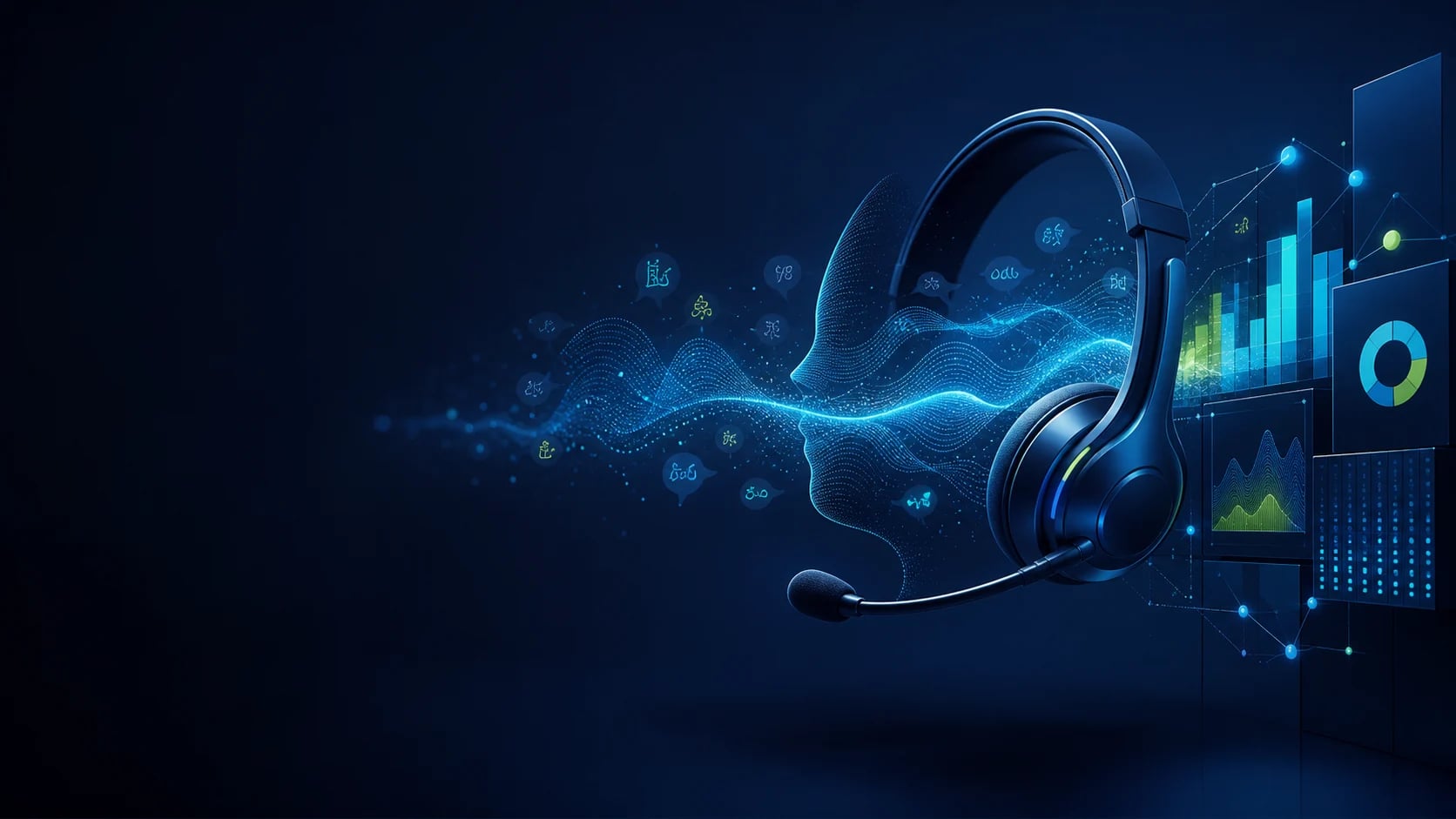 Conceptual AI contact center visualization with audio waveforms and analytics Conceptual AI contact center visualization with audio waveforms and analytics