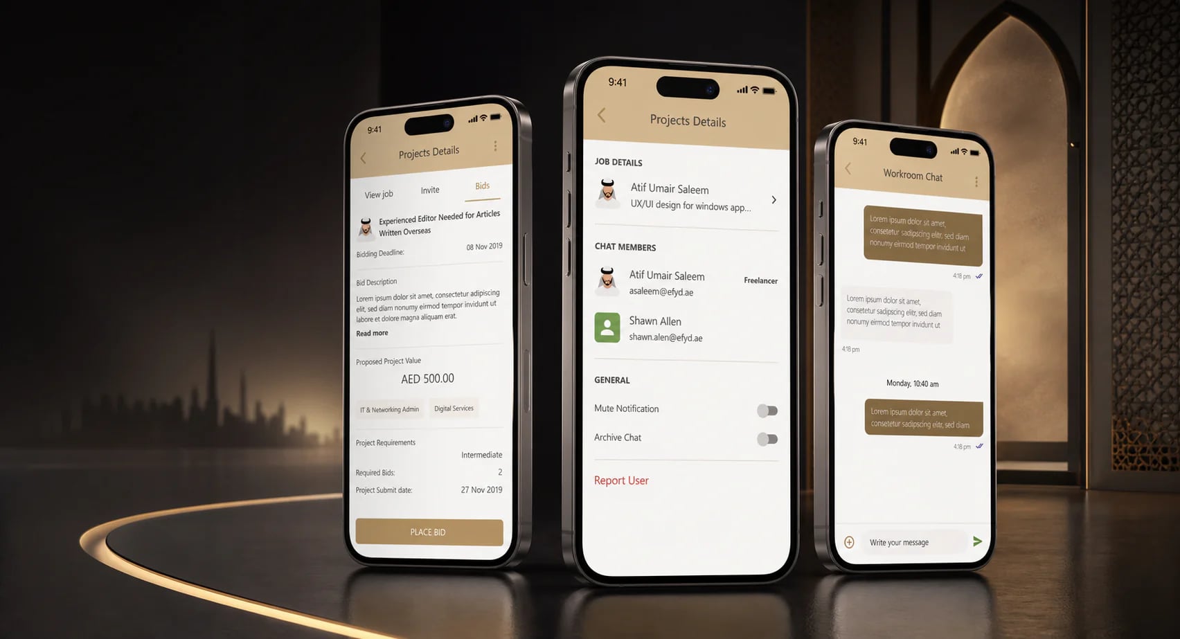 AE Freelancer project details, bids, and workroom chat presented across three mobile devices AE Freelancer project details, bids, and workroom chat presented across three mobile devices